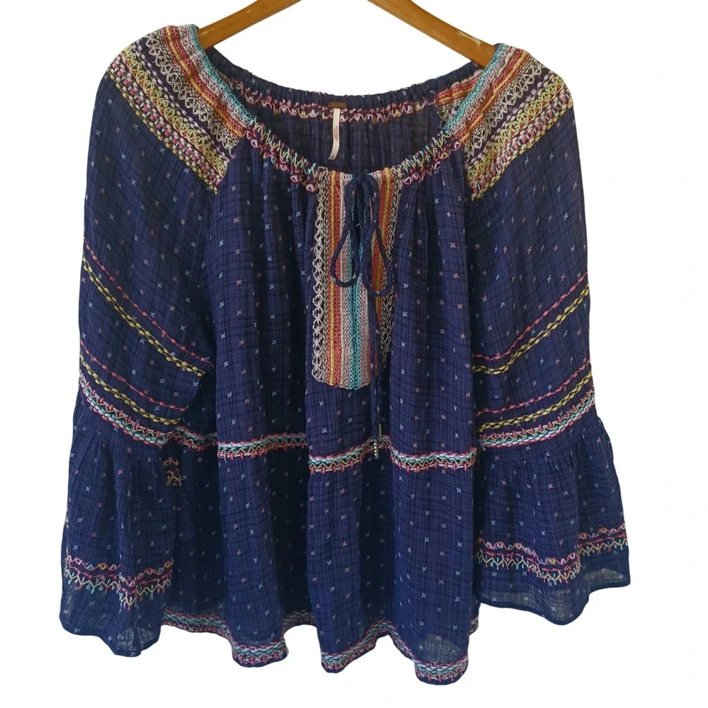 Free People Navy Blue‎ Embroidered Boho Peasant Blouse Bell Sleeve Fits S, M, L